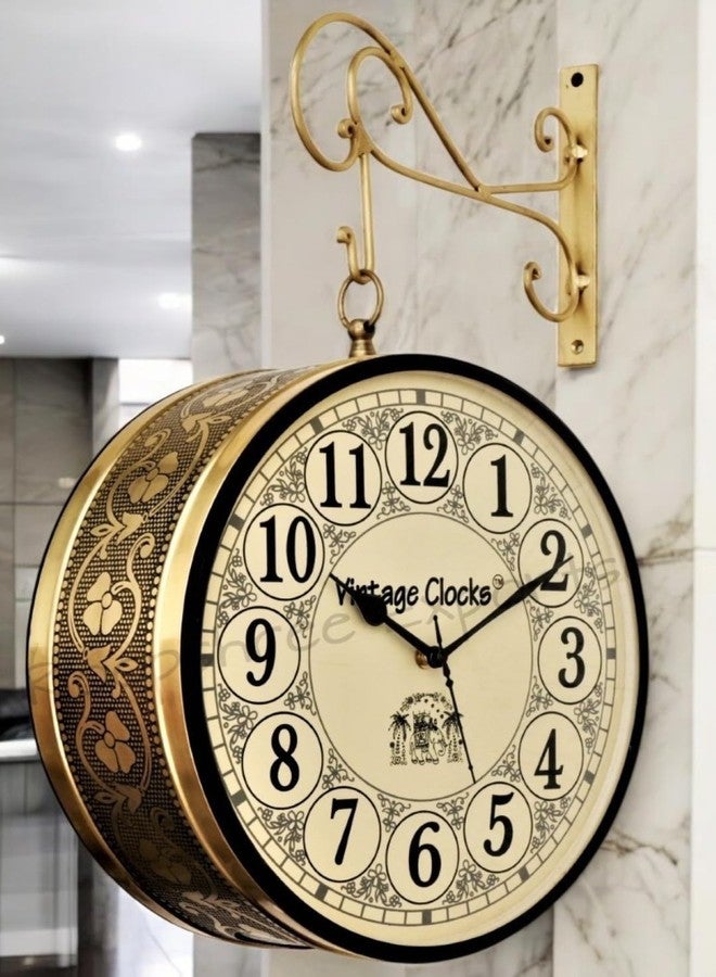 Vintage Clock Metal Handcrafted Brass Finish Double Side Railway Station Analog Clock One Side English Other Side Roman Number (10 Inches Size) - Image 1